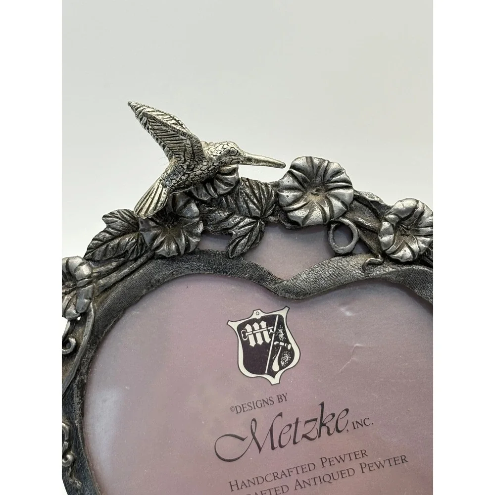 Vintage Metzke Pewter Heart Picture Frame Hummgingbird Floral Morning Glory